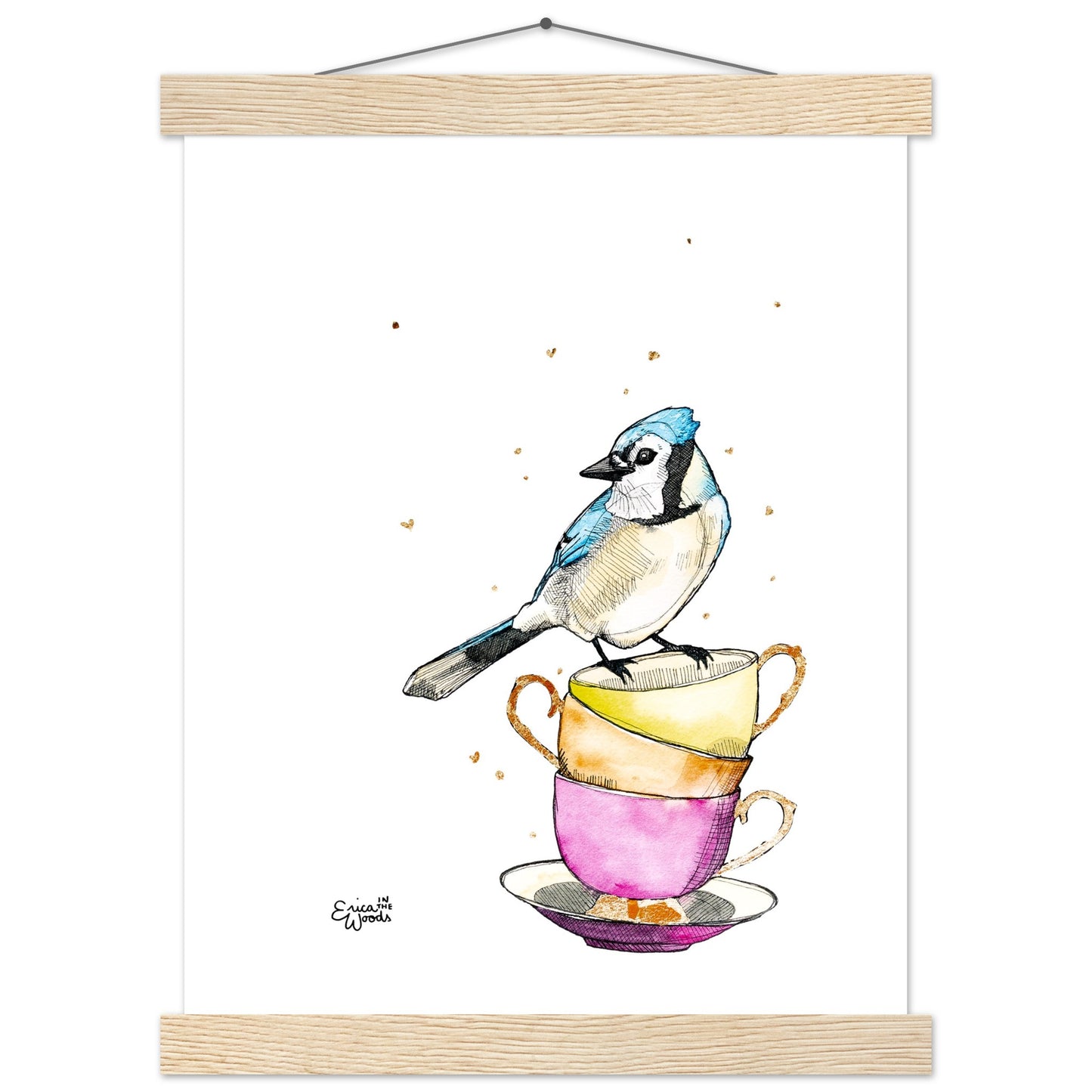 Carrie Bluejay on Teacups Satin Paper Poster with Hangers