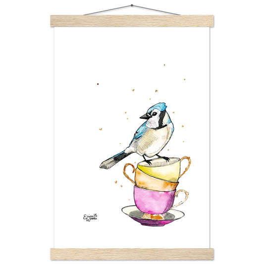 Carrie Bluejay on Teacups Satin Paper Poster with Hangers