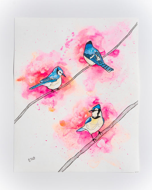 Original Watercolour & Ink Painting – "THREE JAYS"