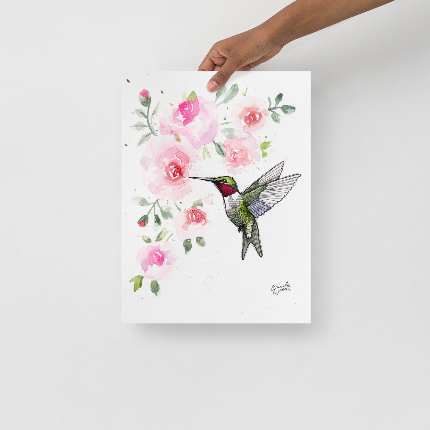 Hummingbird and Roses Matte Paper Poster Print